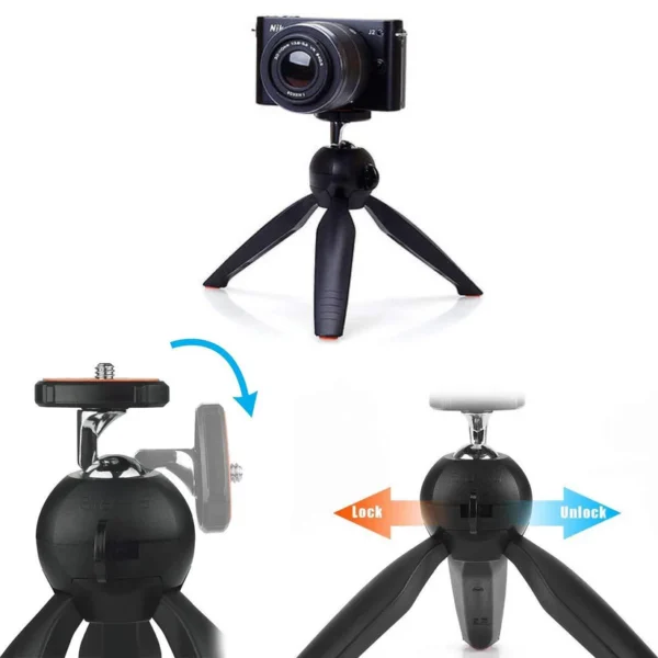 Universal mini tripod for camera and phone Universal mini tripod for camera and phone Mini tripod with adjustable height Mini tripod for phone and DSLR with stabilizer Close-up of mini tripod stand Mini tripod with ball head and adjustable legs Compact mini tripod for photography Mini tripod with phone holder Mini tripod in use with camera Universal Mini Tripod - Image 2